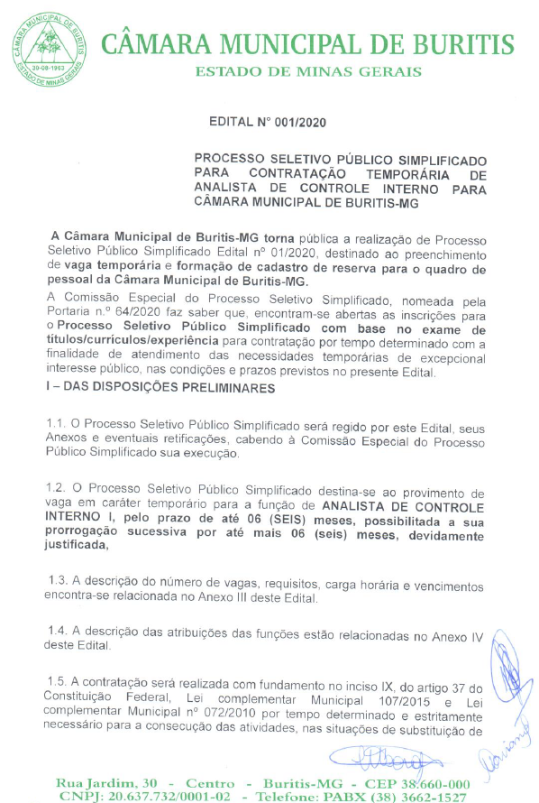 Processo Seletivo 01 /2020 Analista de controle interno I